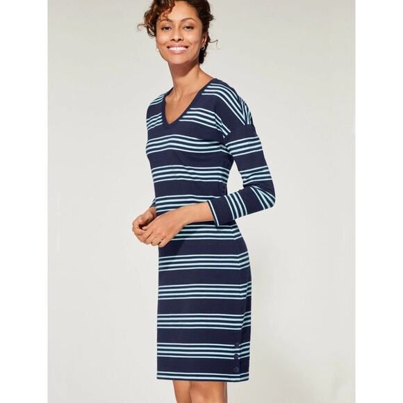T By Talbots Shift Dress Womens M Navy Stripe Sna. Hem V-Neck Slub Terry UPF - Picture 1 of 13